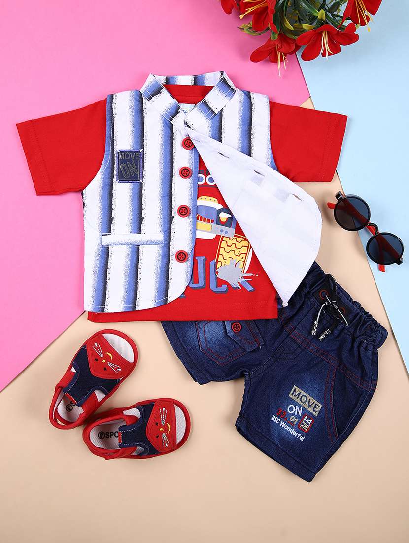 boys red stripes shorts set