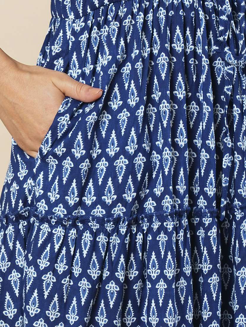 Globus Women Indigo Ethnic Motif Printed Puff Sleeve Mandarin Collar Tired Waist Tie Up Maxi Dress