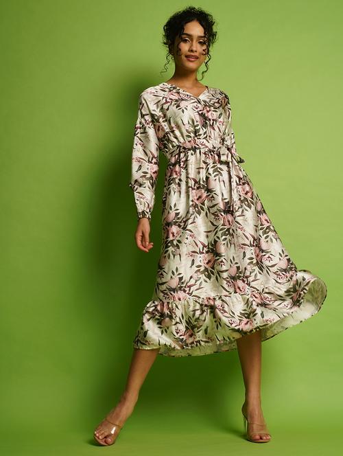 globus women multi white tropical print wrap neck bishop sleeves fit & flare belted midi dress - 21366509 - Standard Image - 0