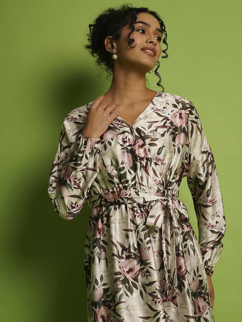 globus women multi white tropical print wrap neck bishop sleeves fit & flare belted midi dress - 21366509 - Standard Image - 3