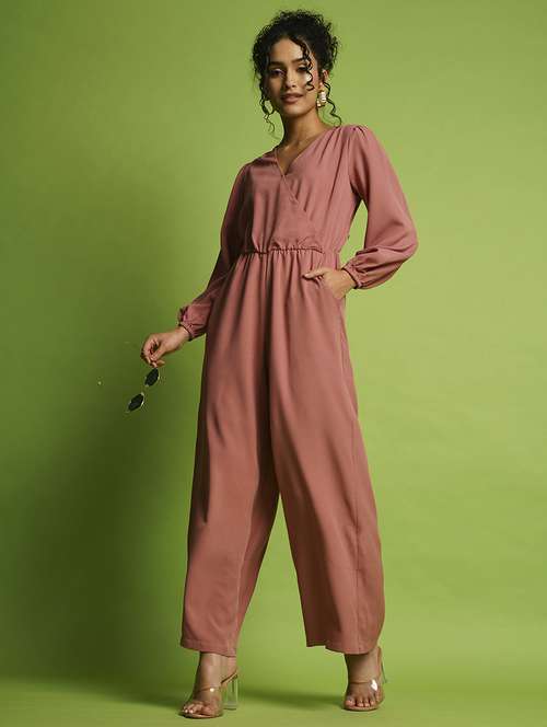 globus women dusty pink wrap neck bishop sleeves gathered waist workwear jumpsuit - 21366511 -  Standard Image - 0