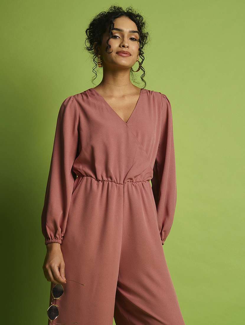 globus women dusty pink wrap neck bishop sleeves gathered waist workwear jumpsuit - 21366511 - Standard Image - 3