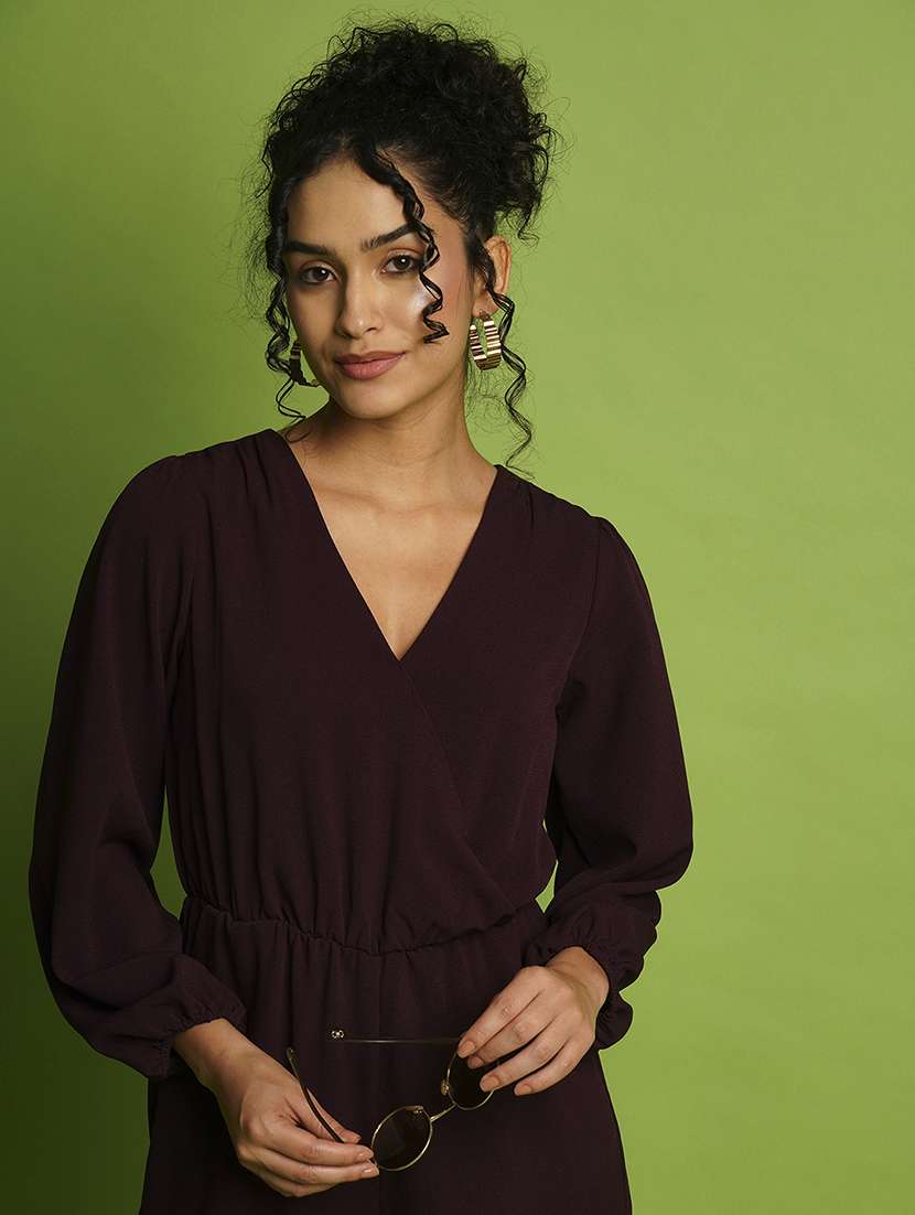 globus women wine wrap neck bishop sleeves gathered waist workwear jumpsuit - 21366512 -  Standard Image - 3