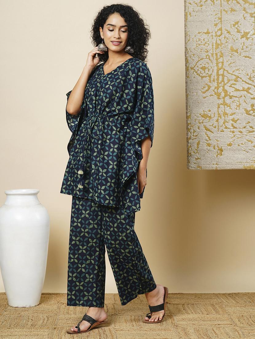 globus women blue v-neck allover abstract printed waist tie-up kaftan tunic & partially elasticated trousers fusion co-ord set - 21366513 - Zoom Image - 0