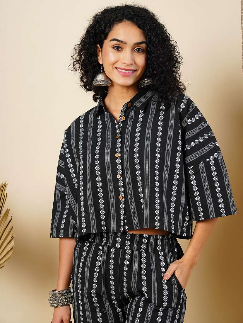 globus women black striped floral printed drop shoulder crop shirt & elasticated trousers fusion co-ord set - 21366516 -  Standard Image - 3