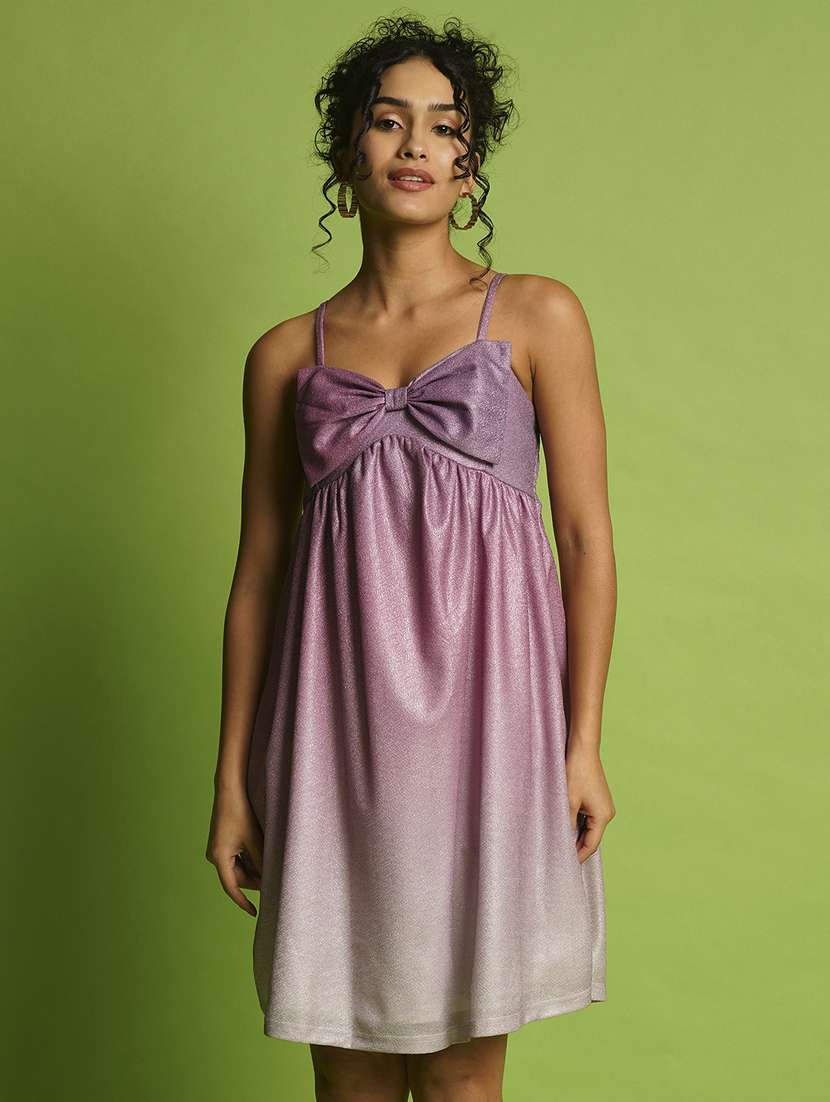 globus women purple shiny ombre sweetheart neck strappy shoulder smocked bow detail a-line party dress - 21366519 -  Zoom Image - 0