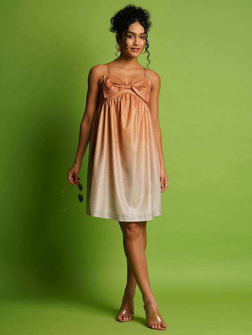 globus women orange shiny ombre sweetheart neck strappy shoulder smocked bow detail a-line party dress - 21366520 - Standard Image - 3