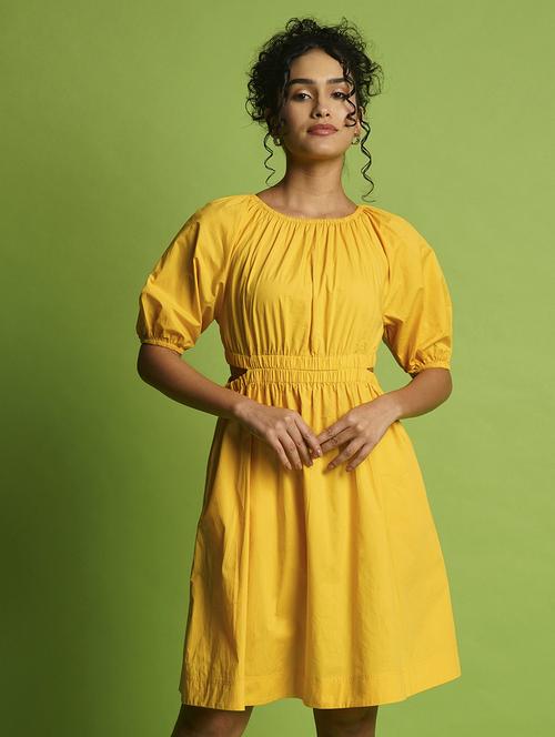 globus women yellow puff sleeves gathered cut-outs waist knee length fit & flare dress - 21366525 - Standard Image - 0