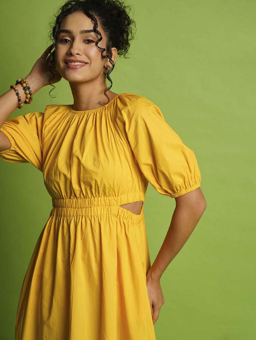 globus women yellow puff sleeves gathered cut-outs waist knee length fit & flare dress - 21366525 - Standard Image - 3