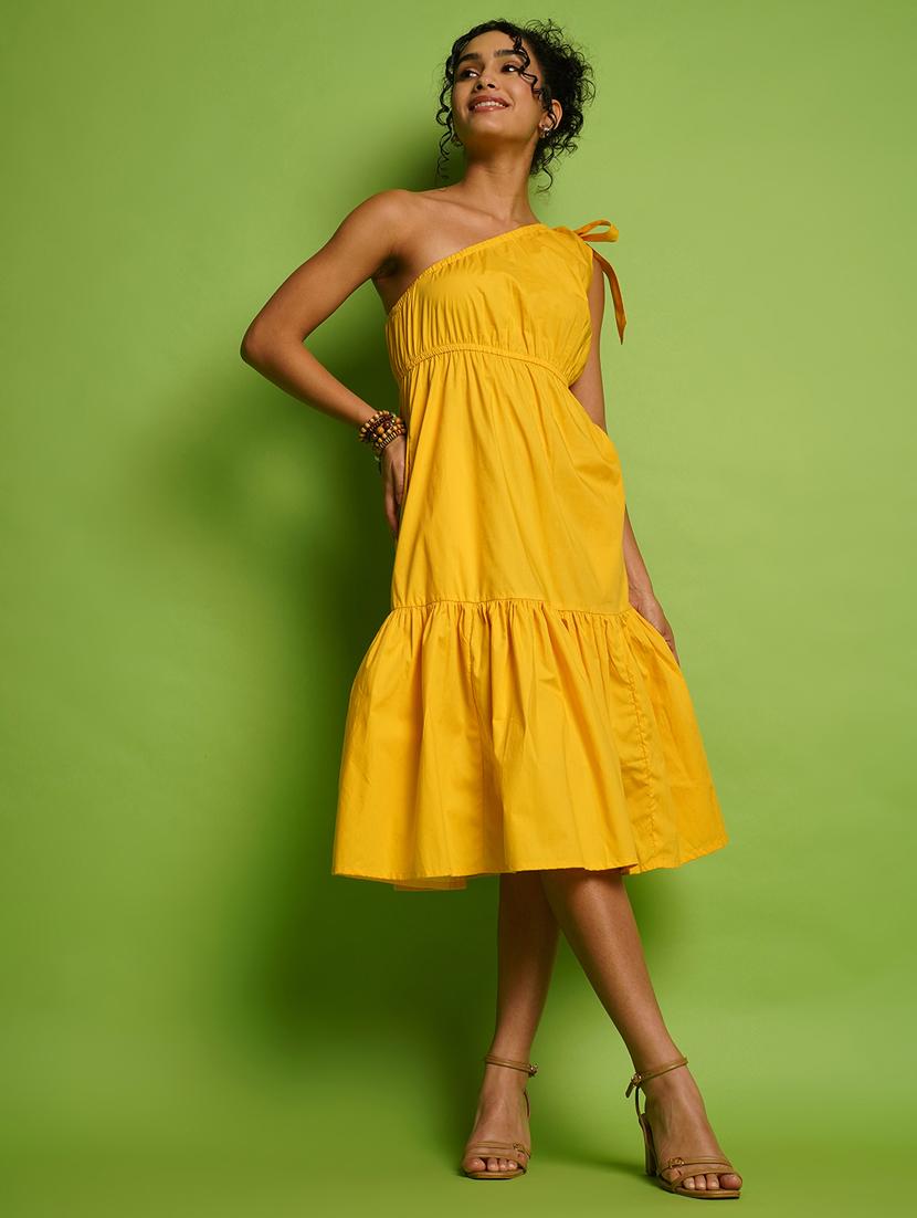 globus women yellow one shoulder tie-up gathered fit & flare midi dress - 21366528 - Zoom Image - 0