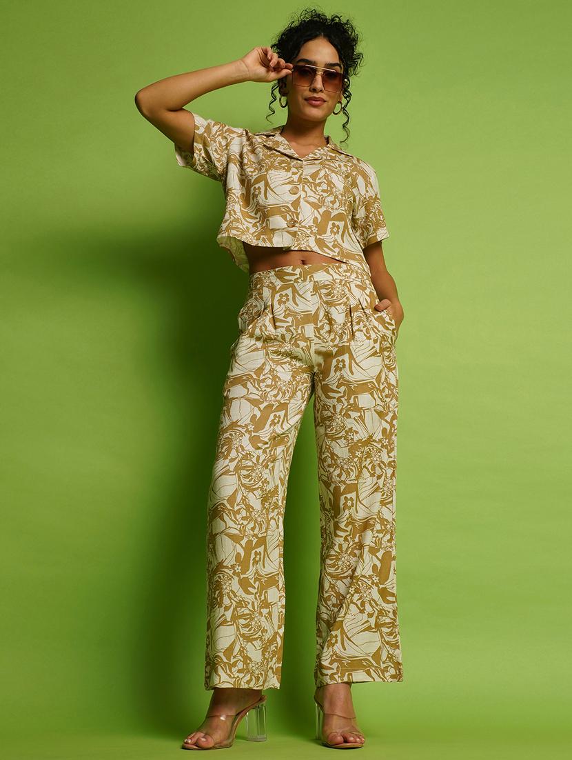 globus women beige abstract printed lapel collar crop shirt & pleated trousers co-ord set - 21366531 -  Zoom Image - 0