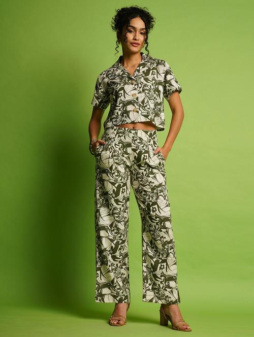 globus women green abstract printed lapel collar crop shirt & pleated trousers co-ord set - 21366532 -  Standard Image - 0