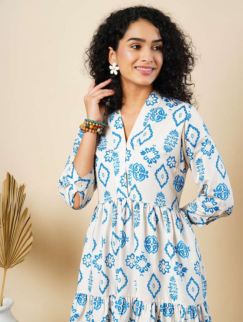 women off white printed tiered ethnic dress - 21366535 -  Standard Image - 3