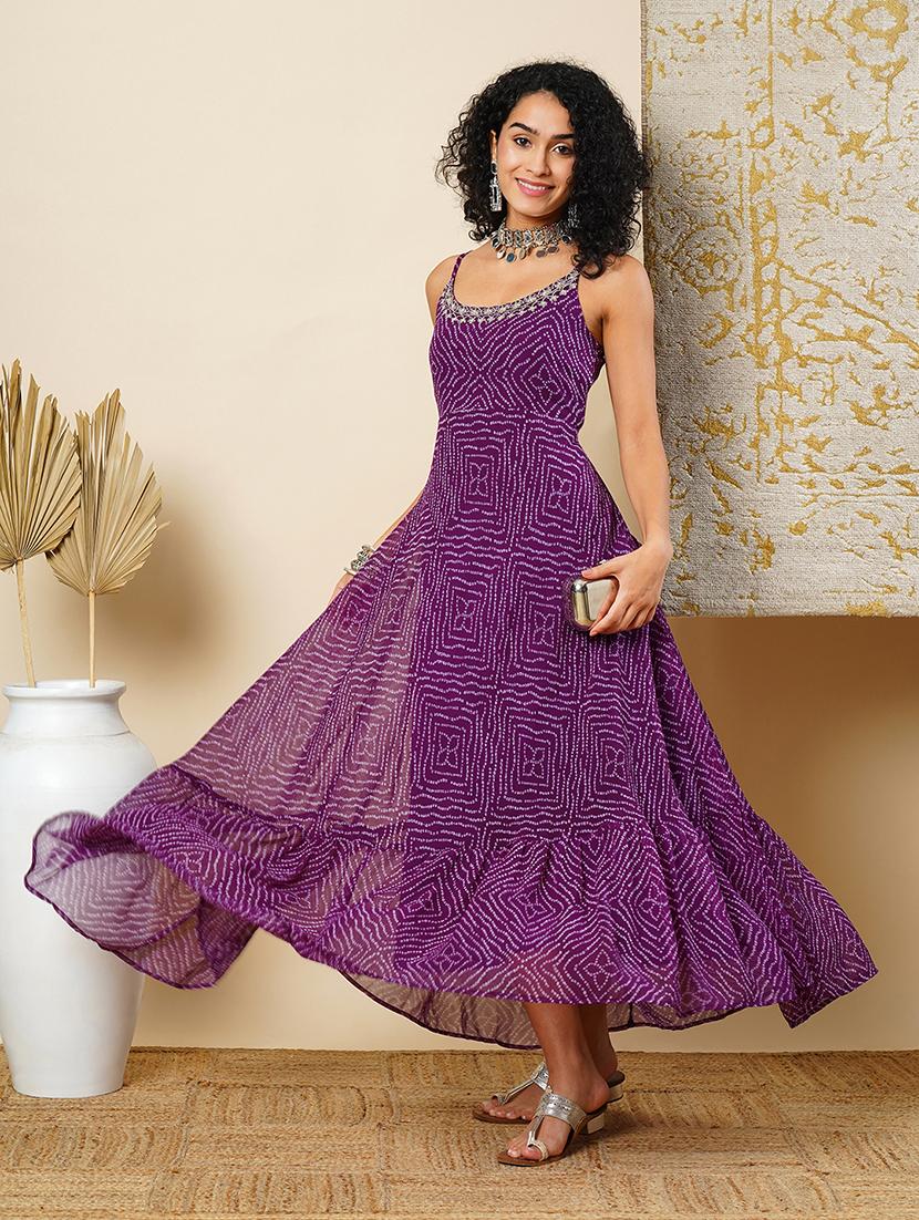 globus women purple strappy shoulder back tie-up flared hem bandhani printed a-line maxi dress - 21366541 - Zoom Image - 0