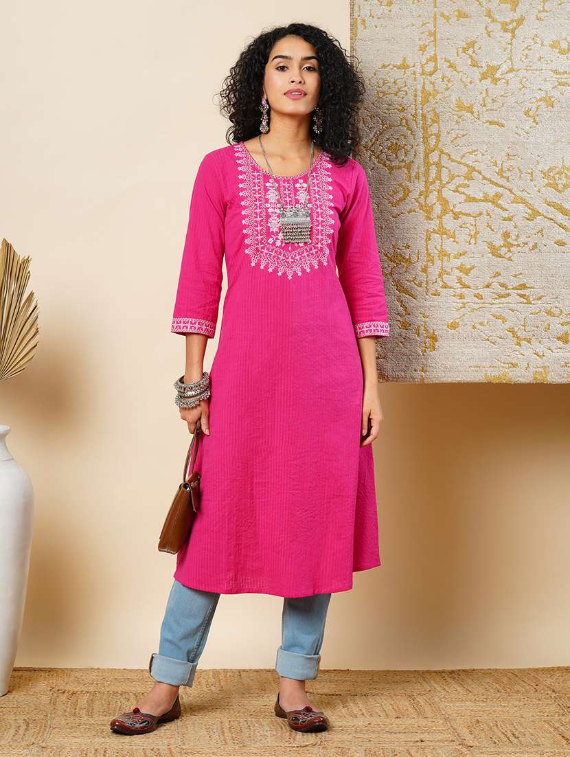 globus women pink cotton thread work embroidered yoke flared hem a-line workwear kurta - 21366544 - Zoom Image - 0