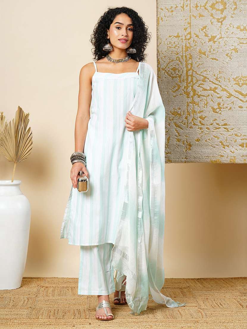 women sea green kurta palazzos set with dupatta 