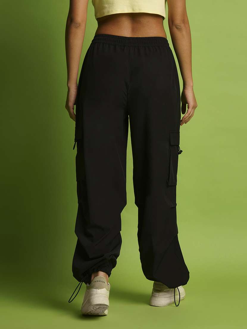 globus women black mid rise loose fit drawstring waist toggle hem cargo joggers - 21366559 -  Standard Image - 3