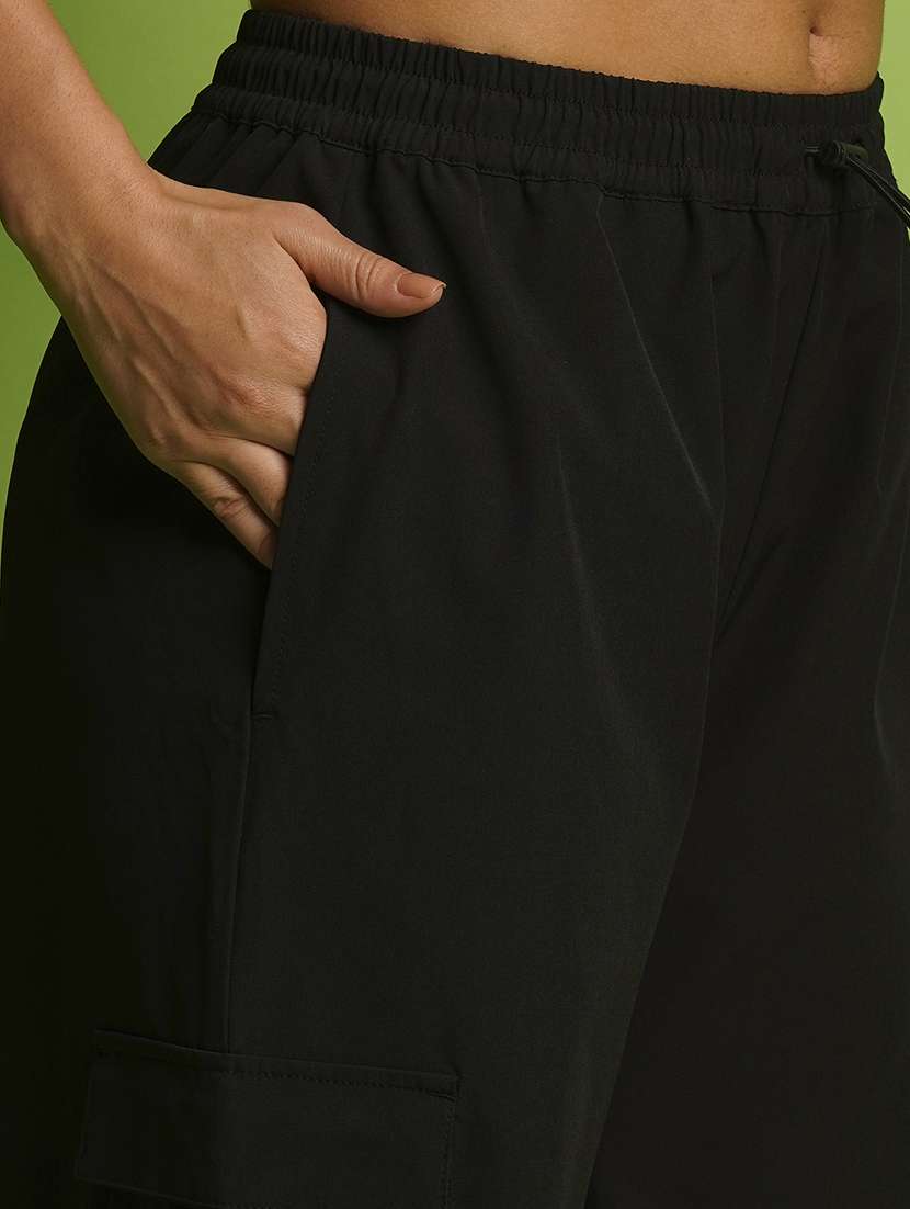 globus women black mid rise loose fit drawstring waist toggle hem cargo joggers - 21366559 -  Standard Image - 5