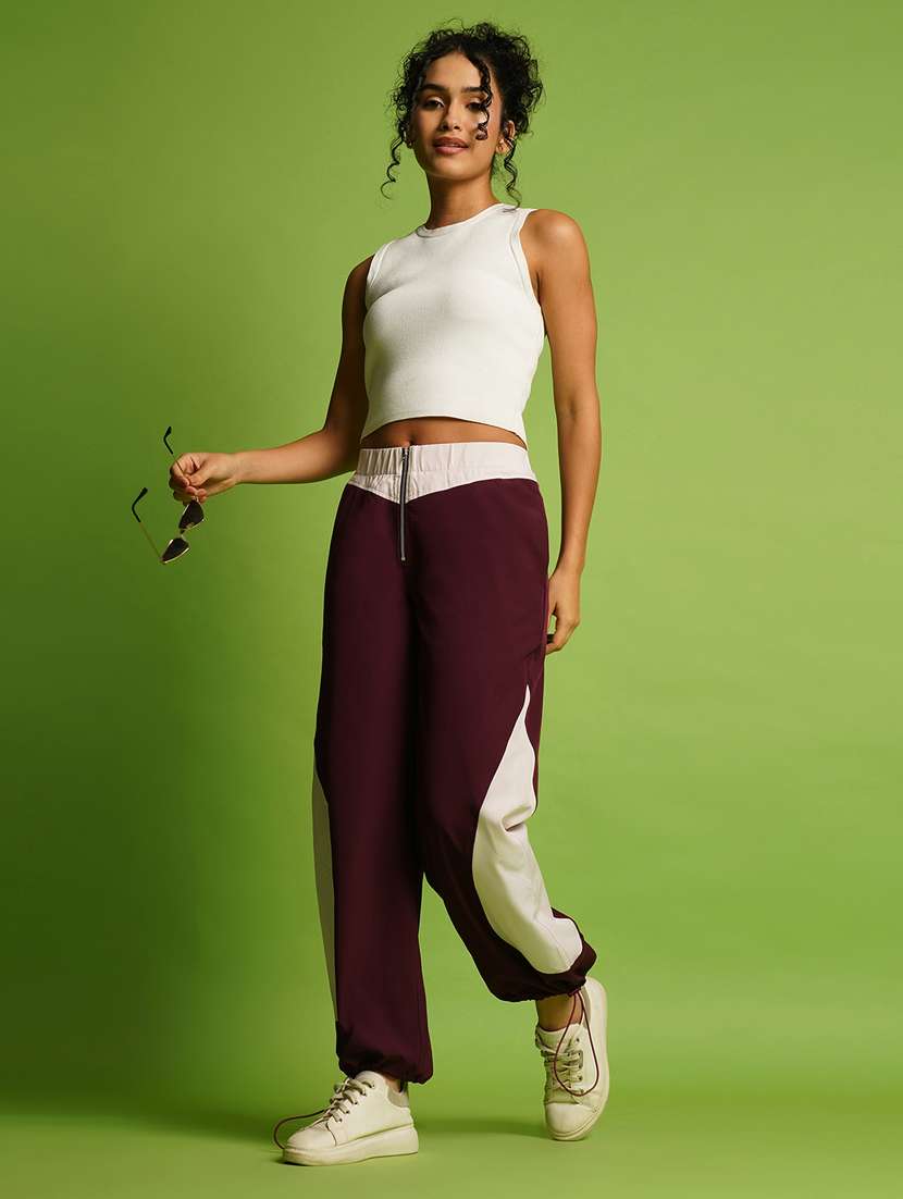 globus women maroon & white mid rise loose fit zipper waist toggle hem joggers - 21366564 -  Standard Image - 3