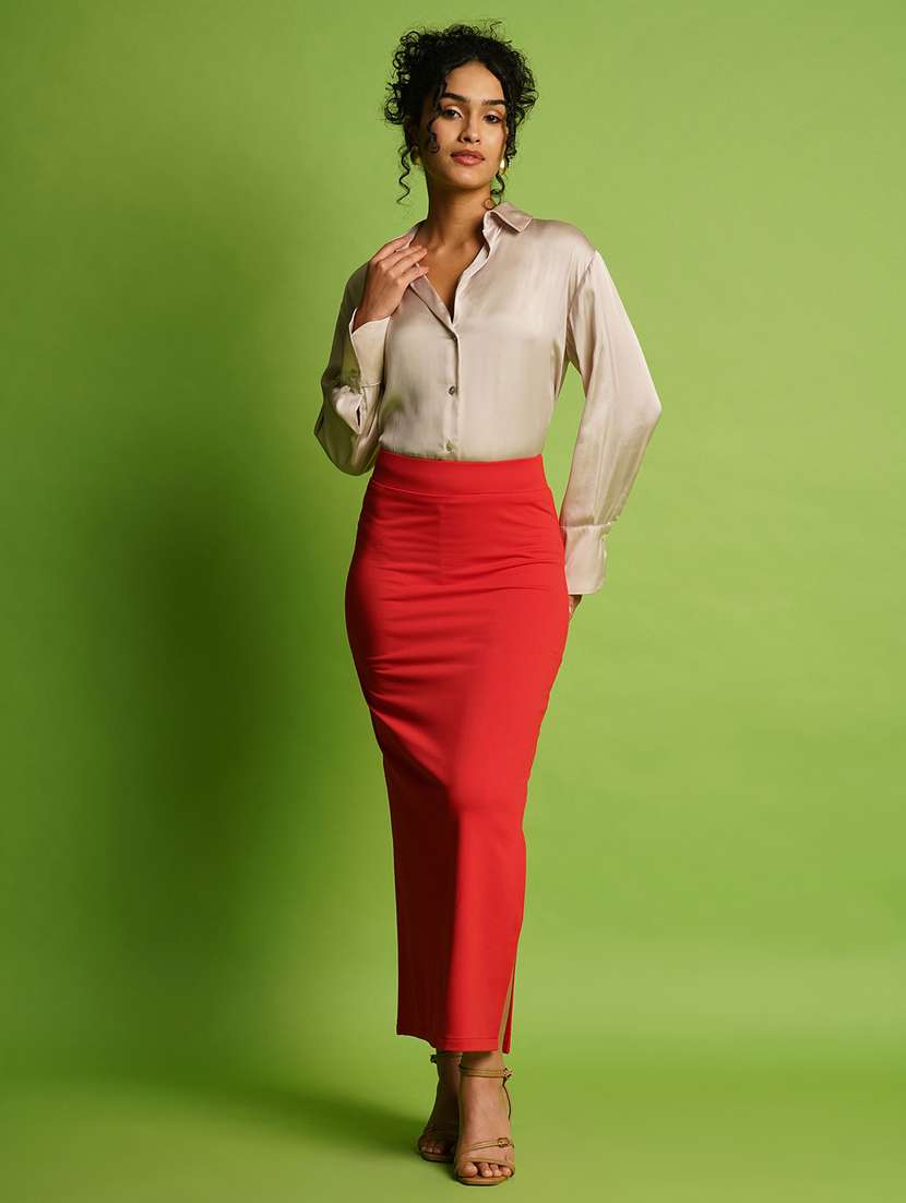 globus women red high-rise stretchable elasticated waistband knitted side slit maxi pencil skirt - 21366565 -  Standard Image - 3