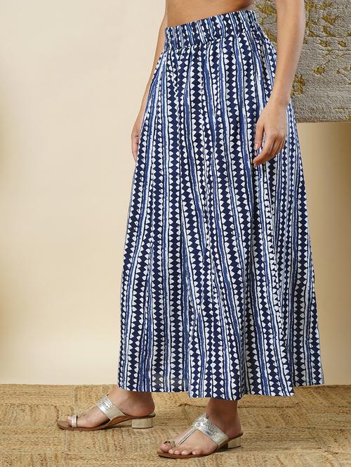 globus women indigo geometric border printed elasticated waistband flared ethnic palazzos - 21366566 - Standard Image - 0