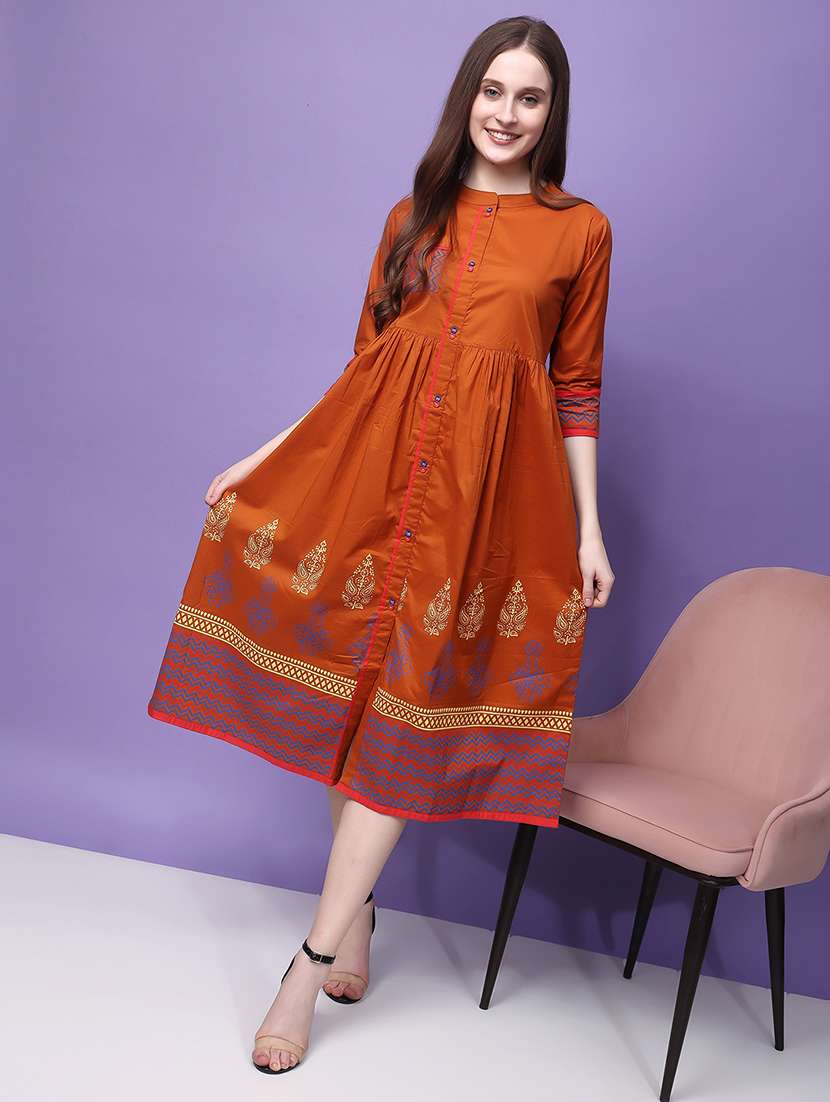 rust printed cotton a-line ethnic dress