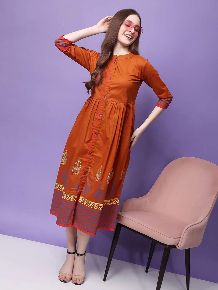 rust printed cotton a-line ethnic dress - 21366591 -  Standard Image - 3