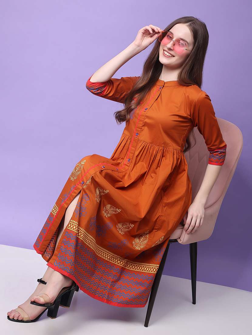 rust printed cotton a-line ethnic dress - 21366591 -  Standard Image - 5