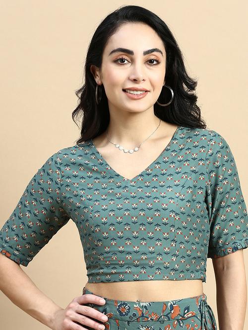 green printed stitched blouse - 21367162 - Standard Image - 0