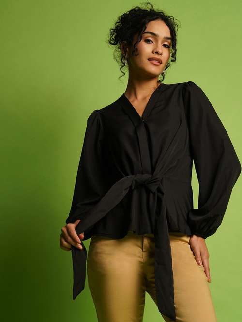 globus women black v-neck bishop sleeve crepe tie-up style workwear peplum top - 21367412 -  Standard Image - 0