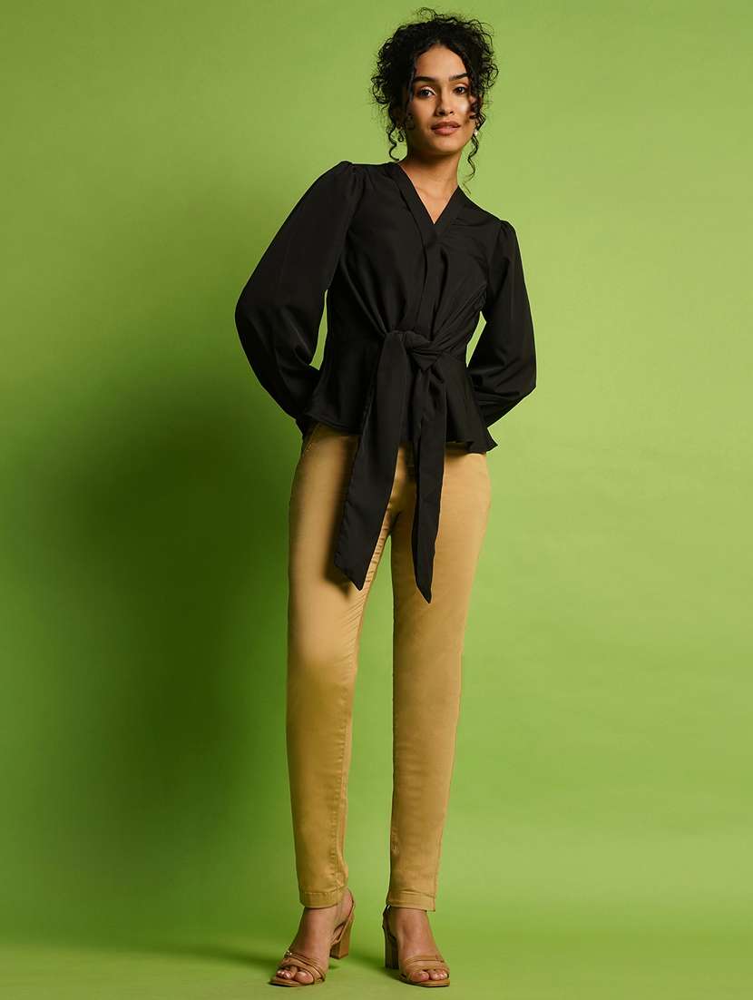 globus women black v-neck bishop sleeve crepe tie-up style workwear peplum top - 21367412 -  Standard Image - 3