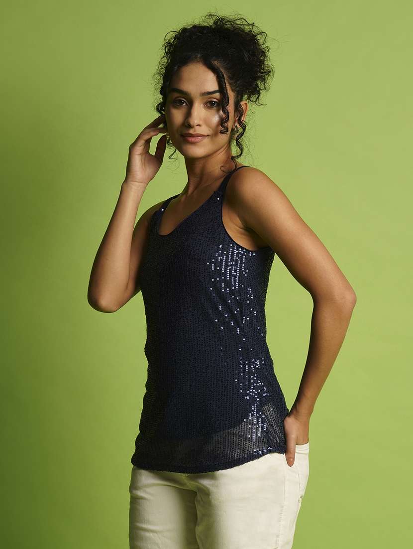 globus women navy blue round neck strappy shoulder sequined striped party top - 21367416 - Zoom Image - 0