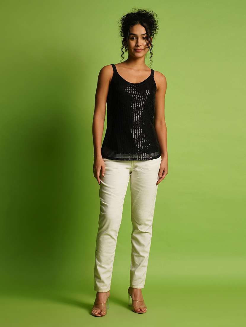 globus women black round neck strappy shoulder sequined striped party top - 21367418 -  Standard Image - 3