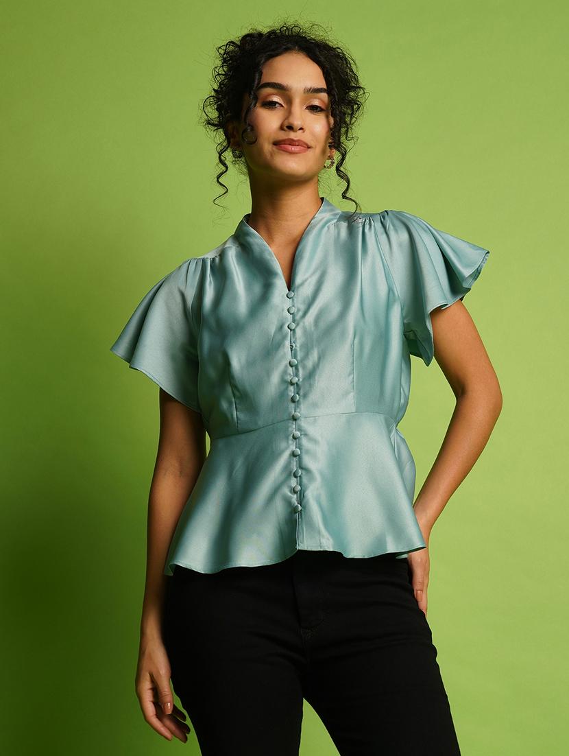 globus women blue v-neck flutter sleeve peplum top - 21367422 - Zoom Image - 0