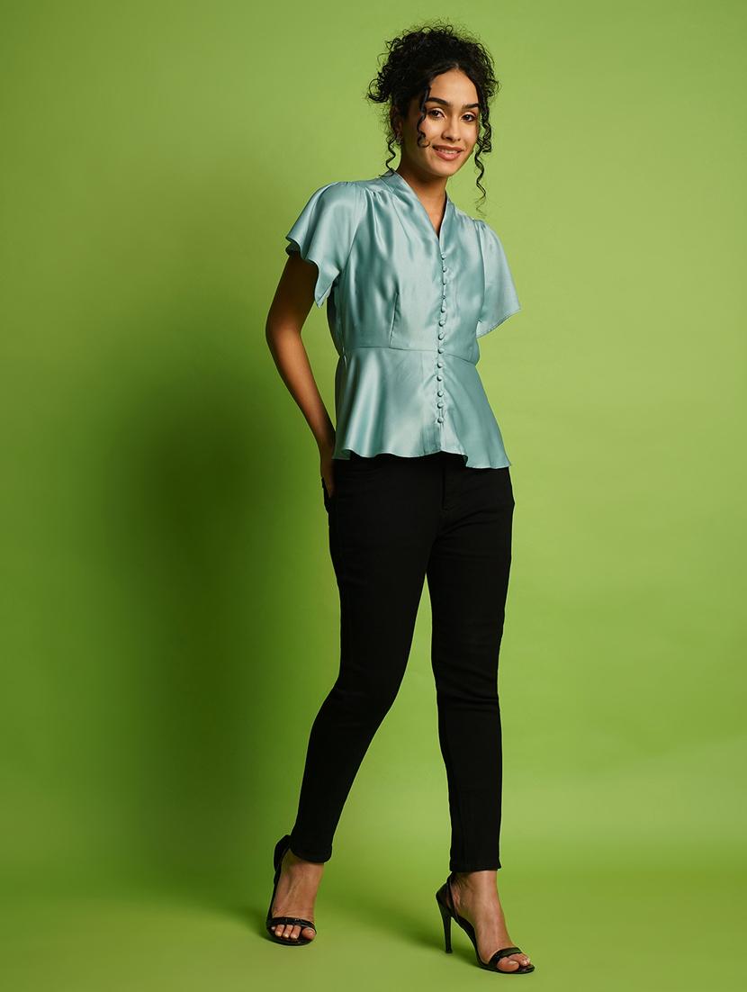 globus women blue v-neck flutter sleeve peplum top - 21367422 - Standard Image - 3