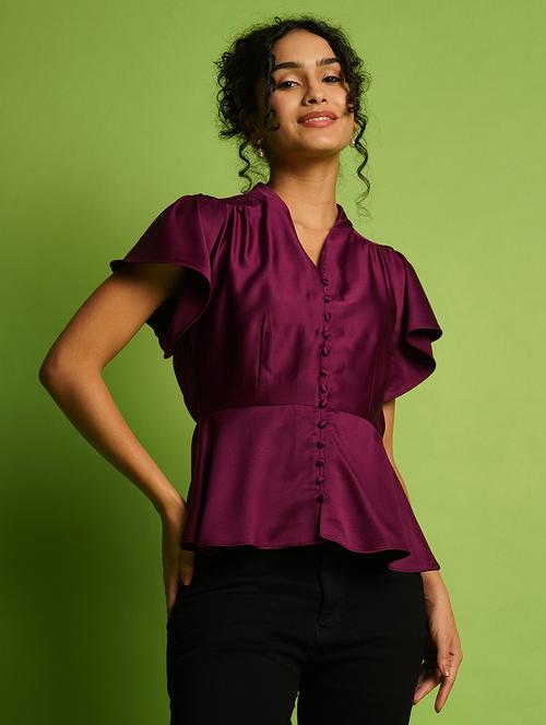 globus women purple v-neck flutter sleeve peplum top - 21367425 - Standard Image - 0