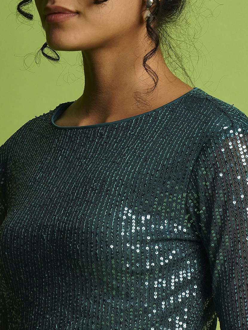 globus women teal embellished round neck sequined striped party top - 21367428 - Standard Image - 3