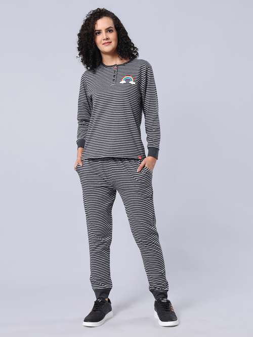 women grey melange stripes pyjama  nightwear set - 21368027 -  Standard Image - 0