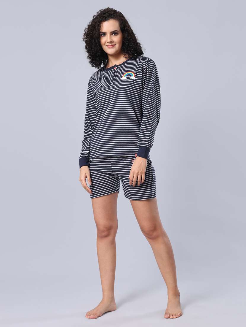 women round neck stripes shorts nightwear set - 21368031 - Zoom Image - 0