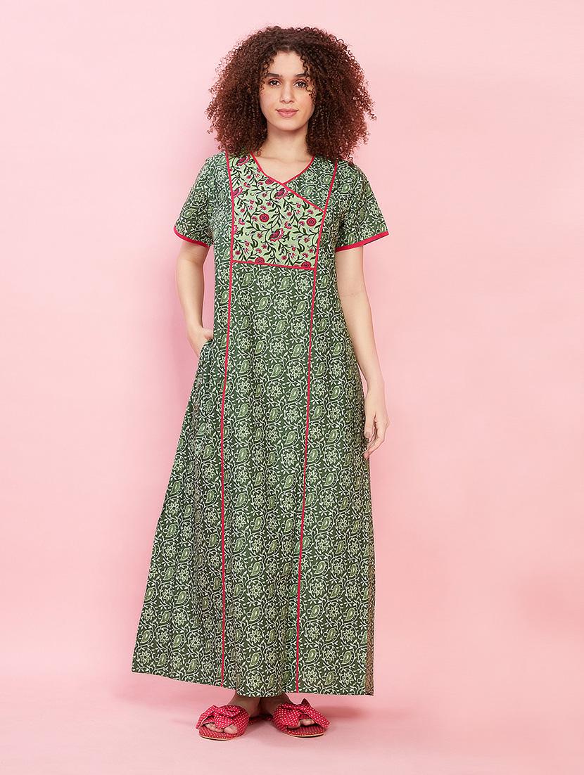 women printed cotton short sleeves nighty 