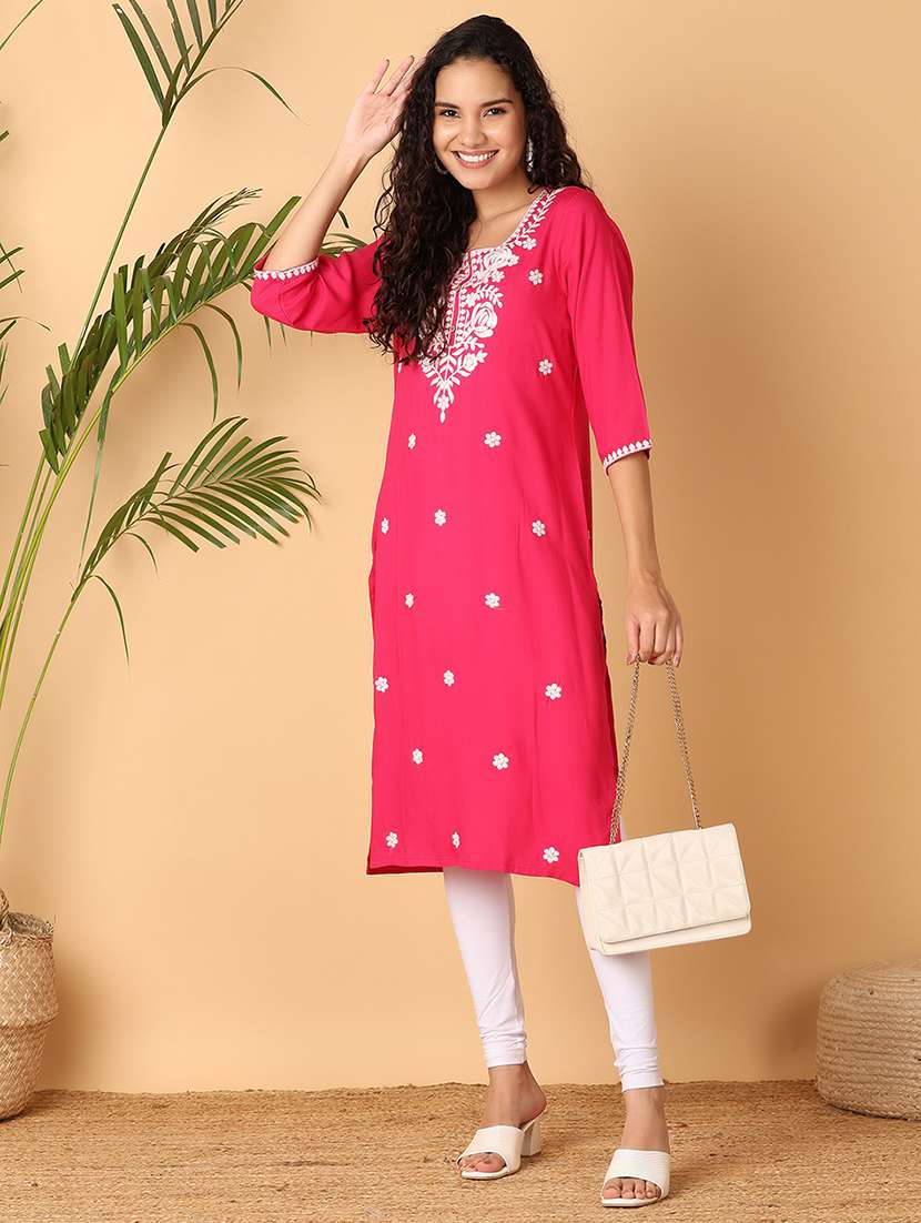 women fuchsia chikankari a-line kurta - 21368289 -  Standard Image - 3