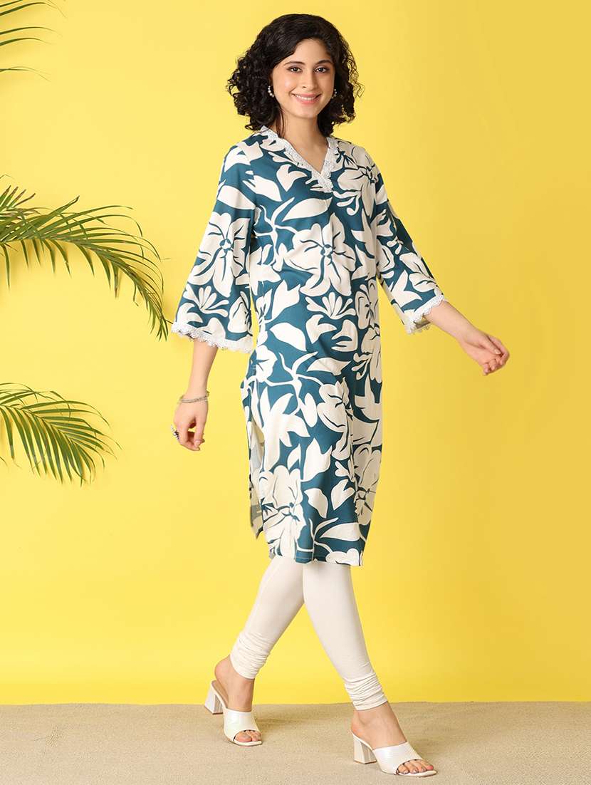 women blue floral printed straight kurta - 21368290 -  Standard Image - 3