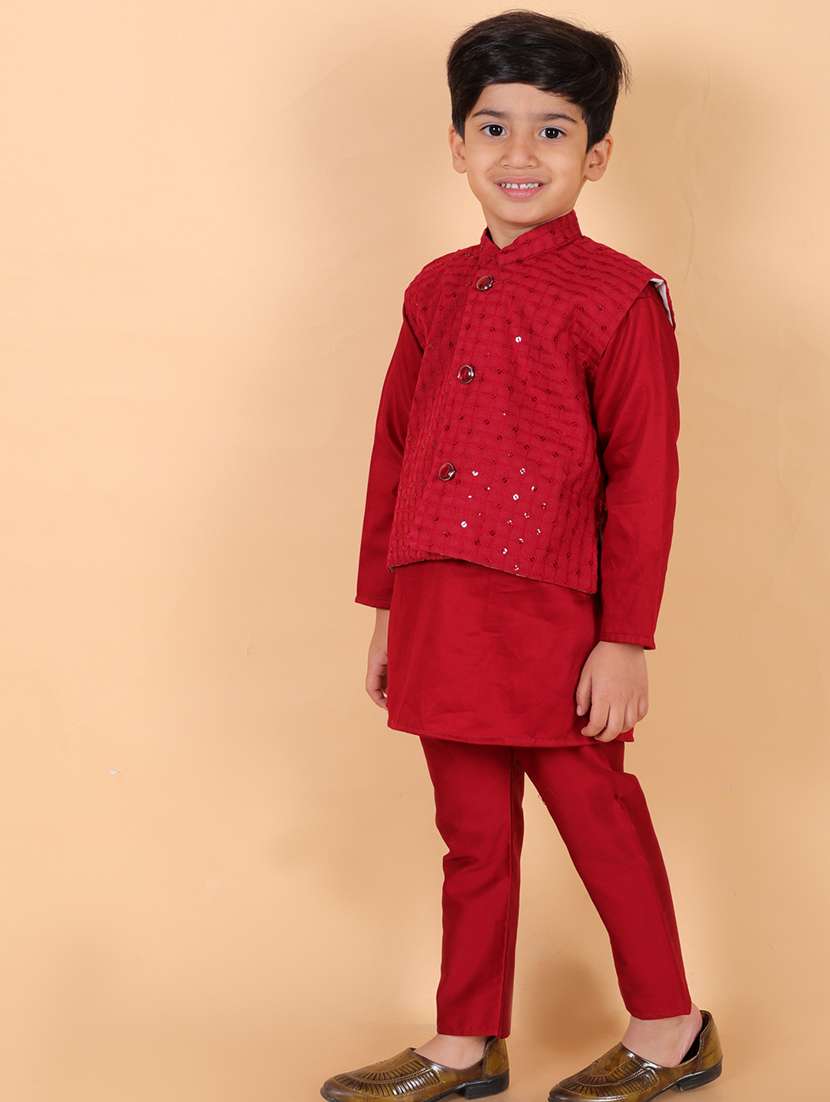 boys mandarin neck sequined kurta pyjama set with nehri jacket - 21368910 - Standard Image - 3