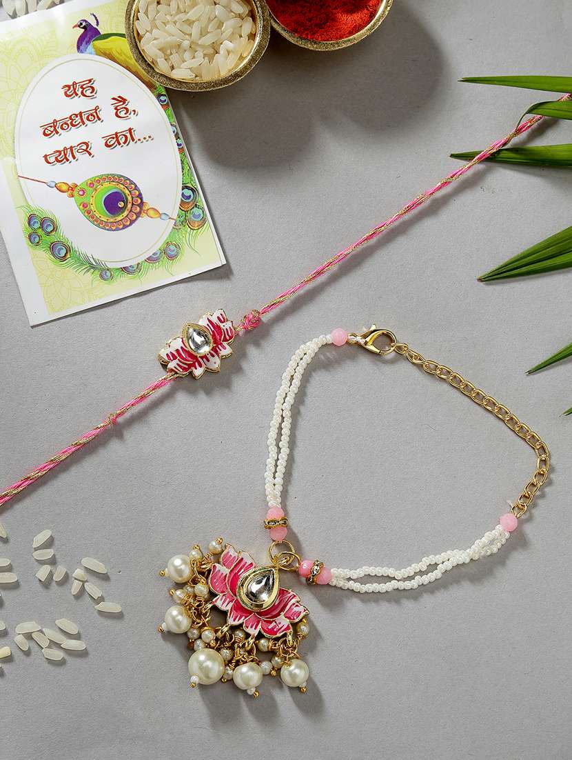 set of 2 stone-studded rakhi set with roli chawal & chocolate - 21370119 - Zoom Image - 0