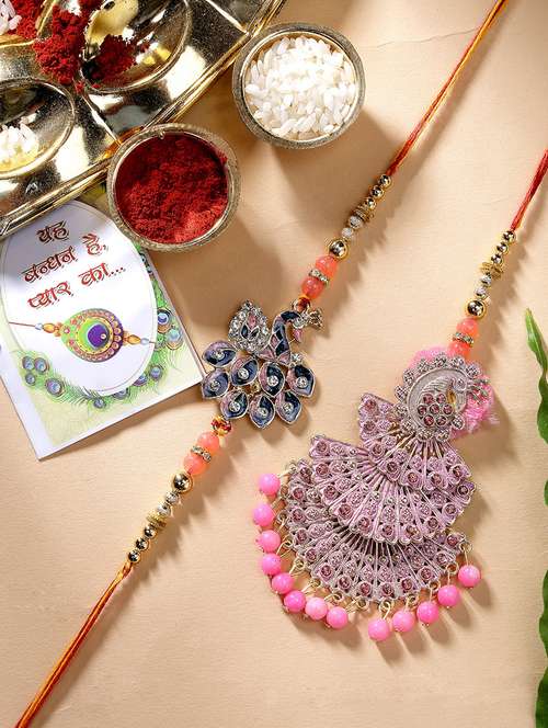 set of 2 stone-studded rakhi set with roli chawal - 21370154 -  Standard Image - 0