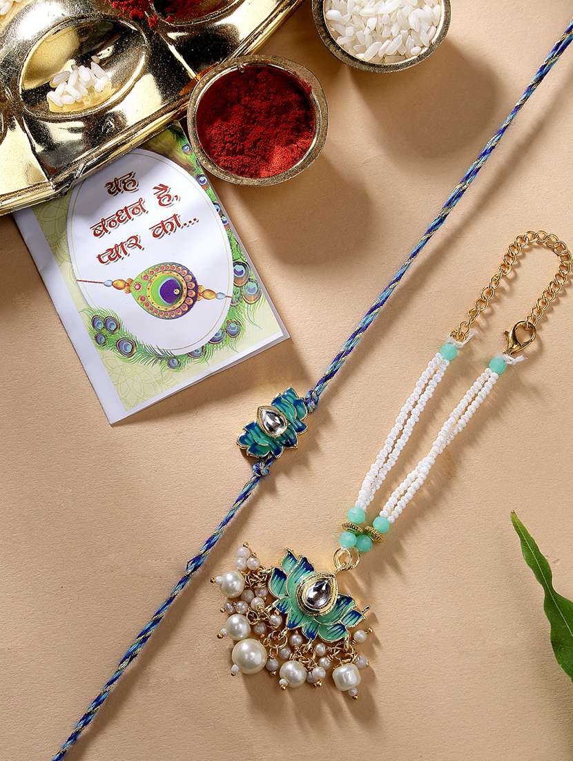set of 2 stone-studded rakhi set with roli chawal & chocolate