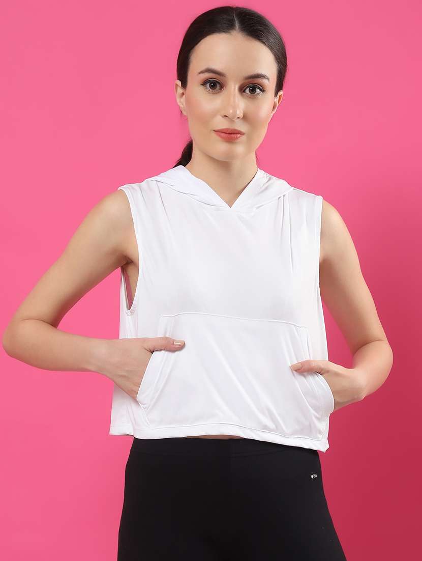 women solid hooded sleevless crop top - 21370924 - Zoom Image - 0