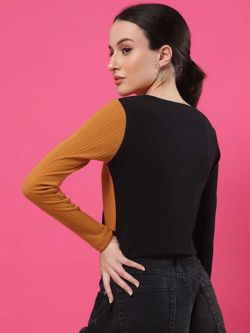 women color blocked long sleeves crop top - 21370929 - Standard Image - 3