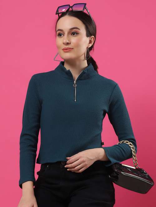 women solid mock neck long sleeves crop top - 21370932 -  Standard Image - 0