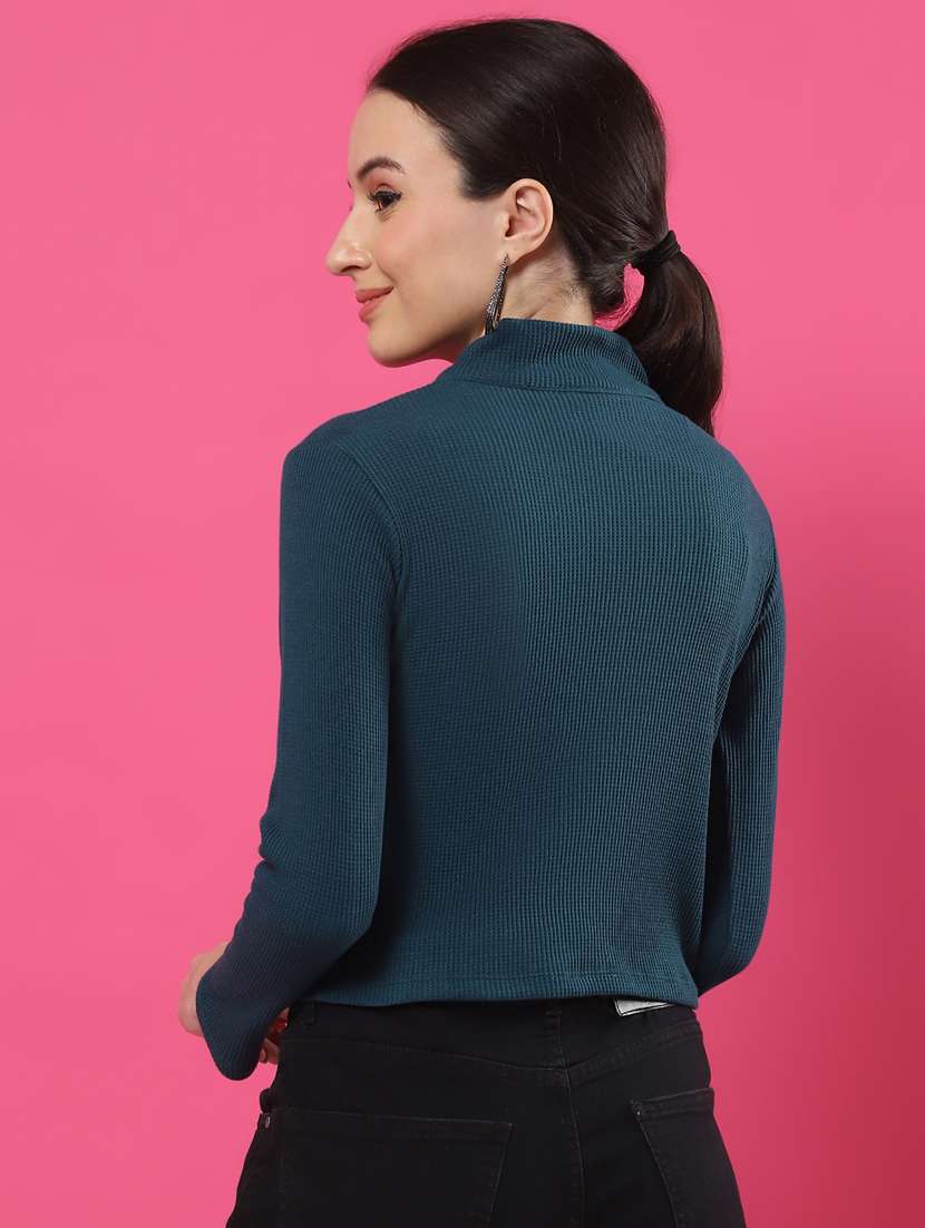 women solid mock neck long sleeves crop top - 21370932 -  Standard Image - 3